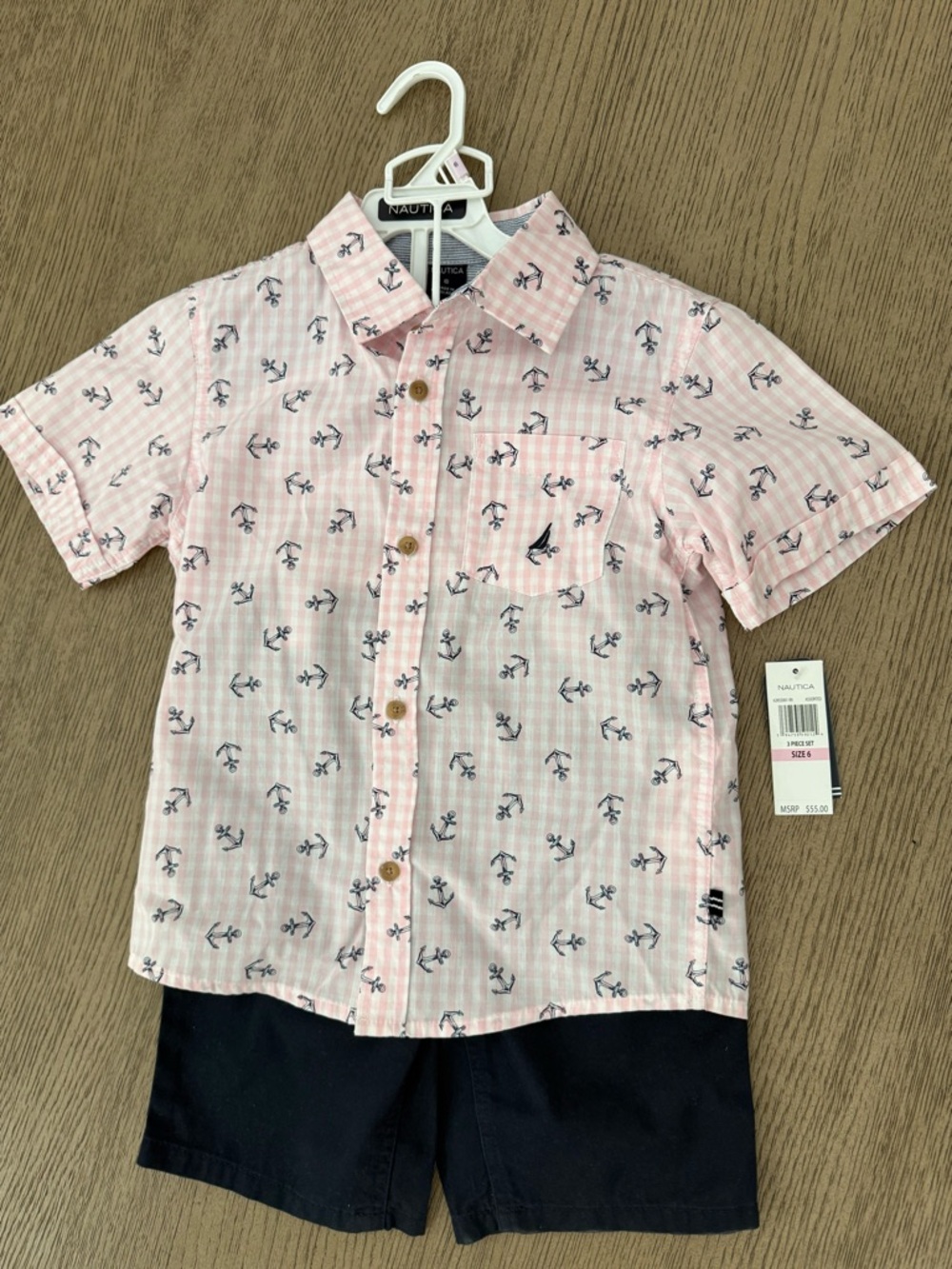 Nautica Pink Short-Sleeve Button Shirt with Navy Anchor Print
